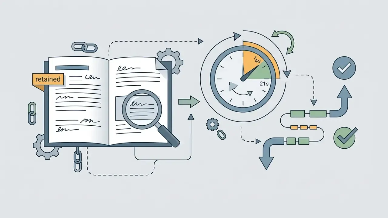 Open book with a magnifying glass connecting to a timer gauge and a flow of process steps with checkmarks