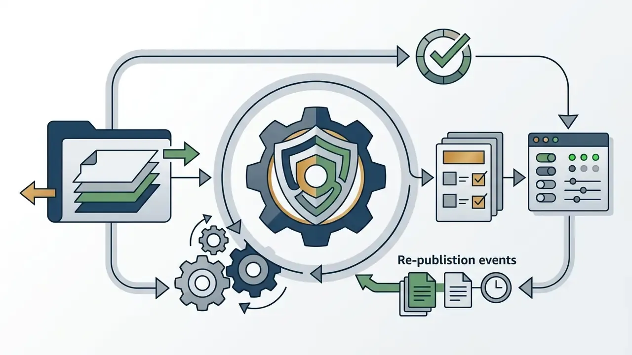 Documents circulating through a gear and shield mechanism to update logs and re-publication events