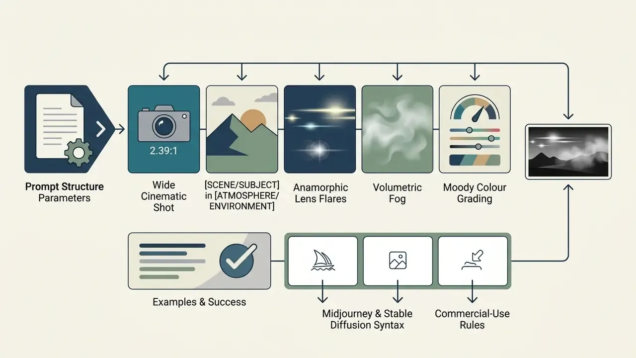 Stepwise sequence showing how cinematic parameters are combined to generate a final visual output