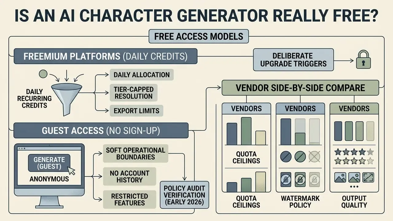 Comparison chart detailing how an AI character generator free tier uses credit limits and guest access