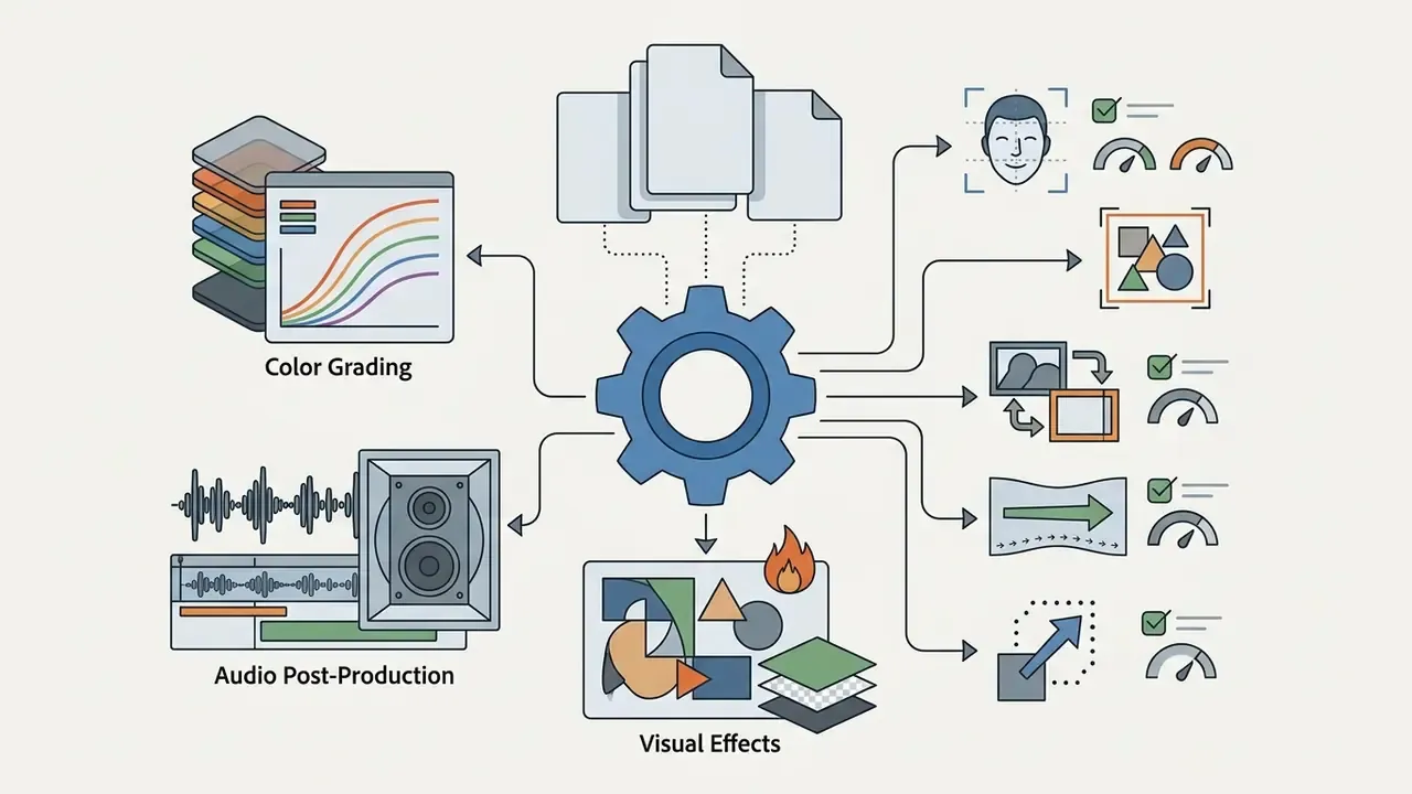 Central gear icon connecting AI tools for color grading, audio post-production, and visual effects