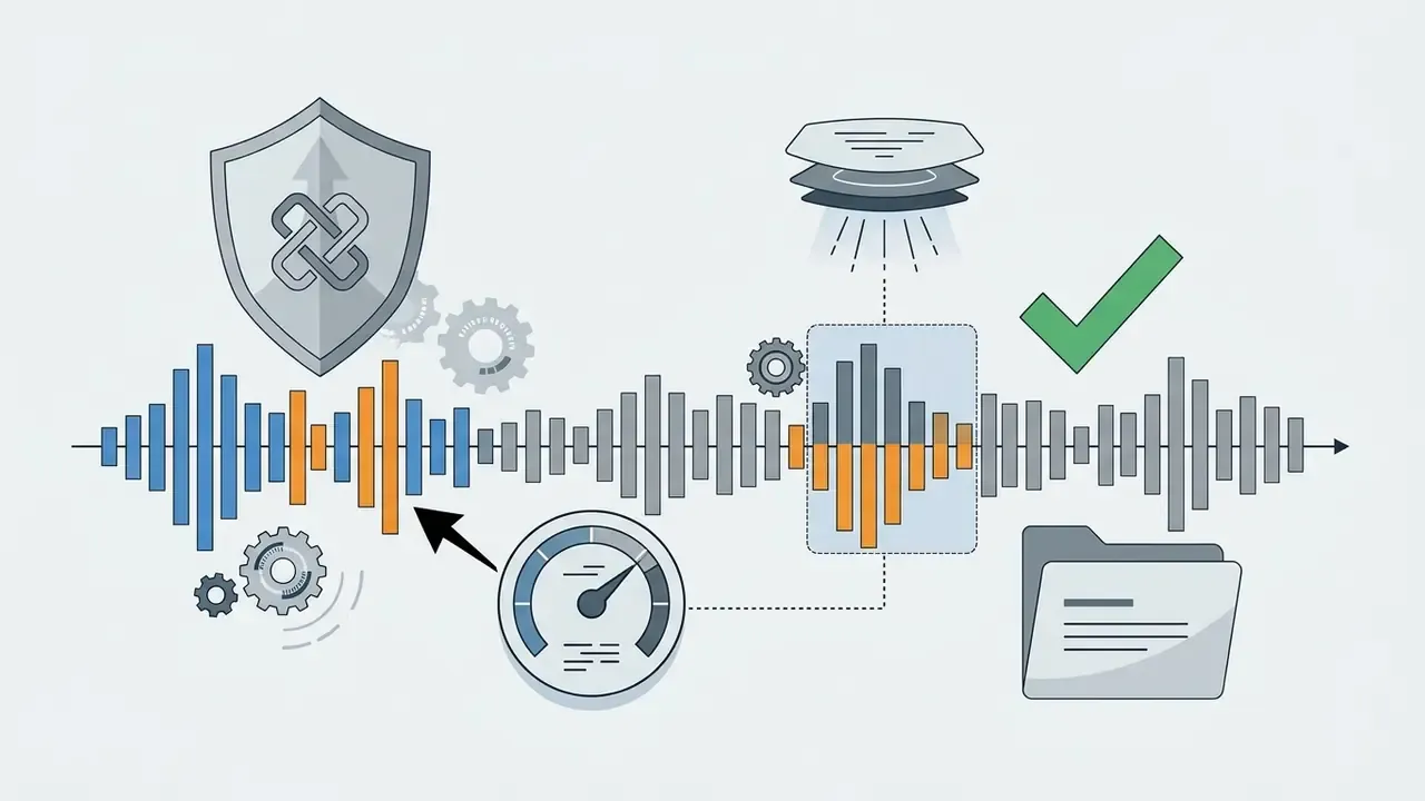 Audio waveform with highlighted segments analyzed by a gauge and verified with a shield and checkmark