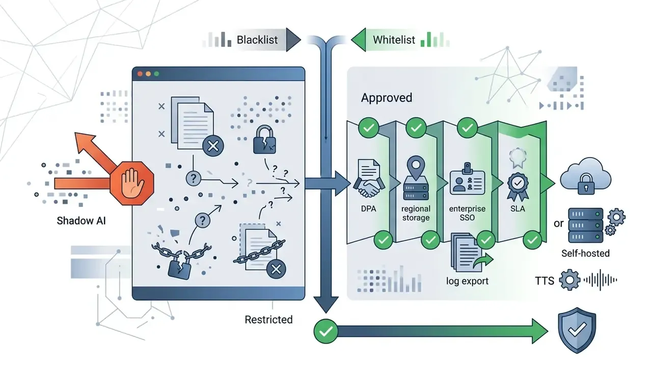 Restricted Shadow AI tools separated from approved vendor criteria including DPA, SSO, and self-hosted options