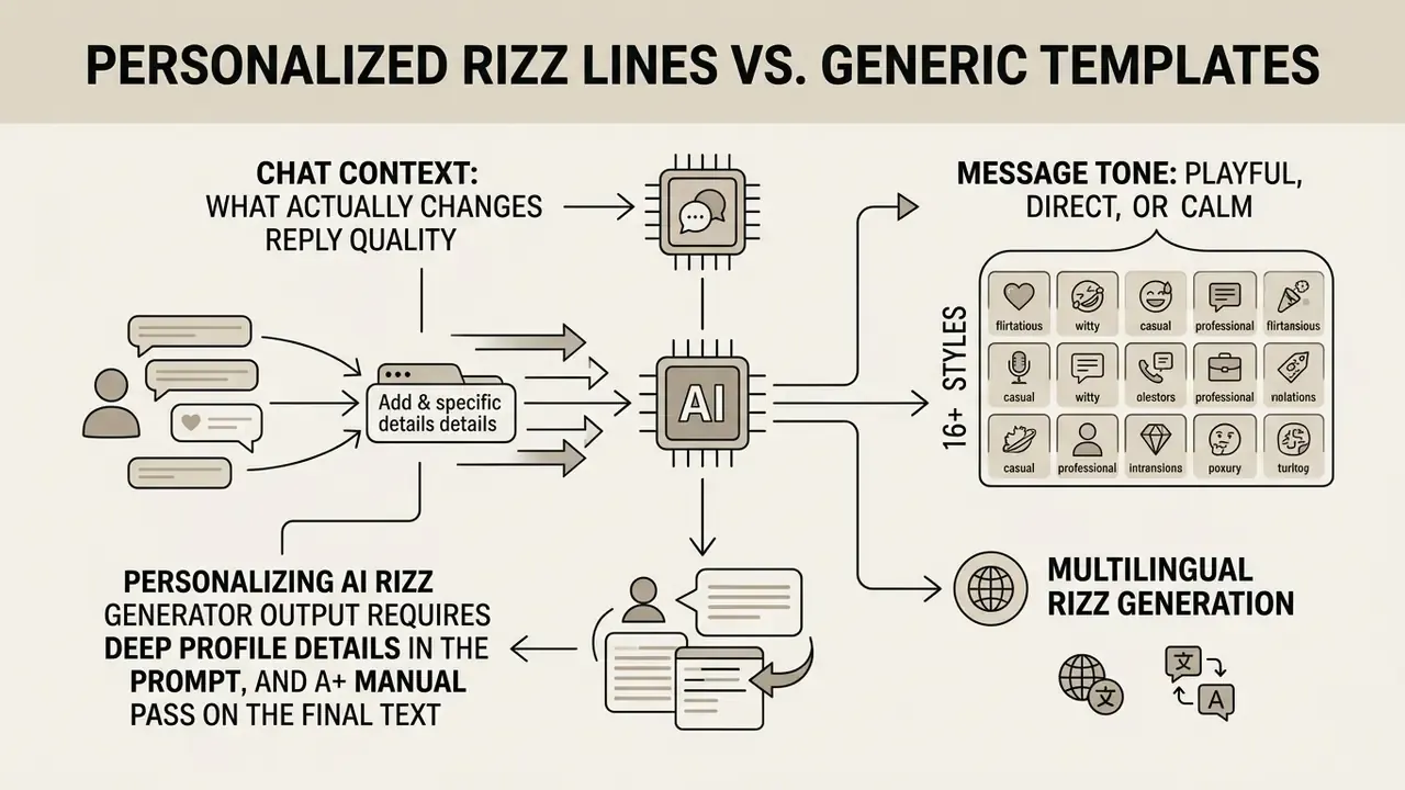 Diagram showing how chat context, tone selectors, and profile details improve message personalization