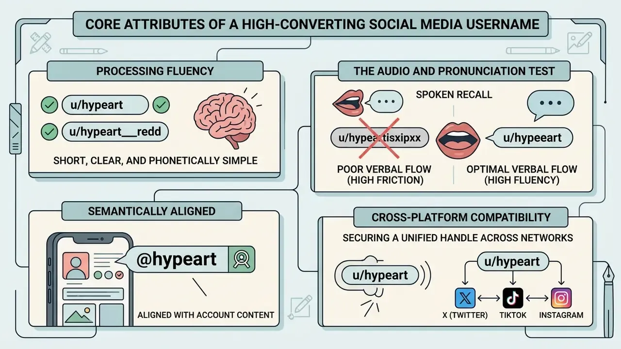 Four-part infographic detailing criteria for effective handles including fluency, pronunciation, and consistency