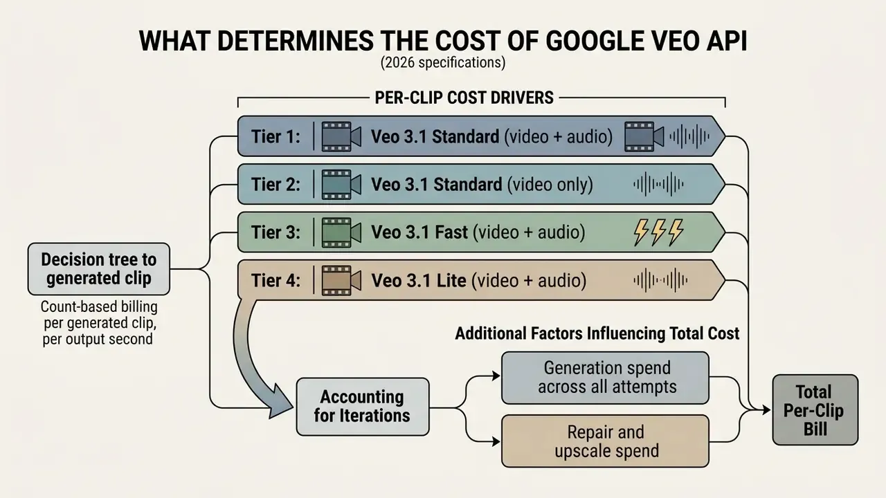 Breakdown of Google Veo API pricing tiers and additional costs for iterations, repairs, and upscaling