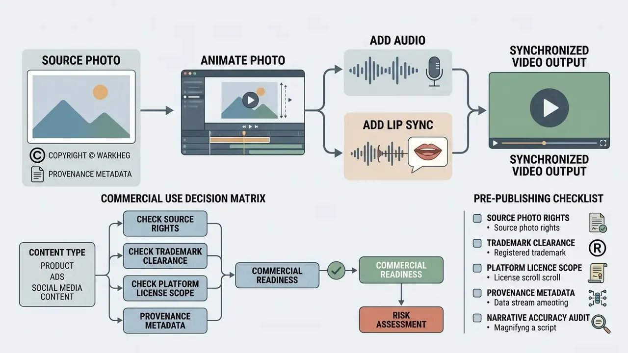 Workflow diagram showing photo animation, audio integration, and a commercial use compliance checklist