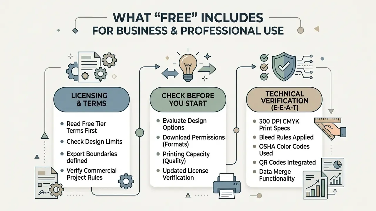 Three step process diagram outlining licensing terms, design checks, and technical verification requirements