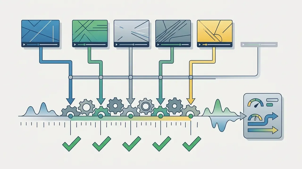 Multiple video streams feeding into a central gear system that synchronizes and processes the footage