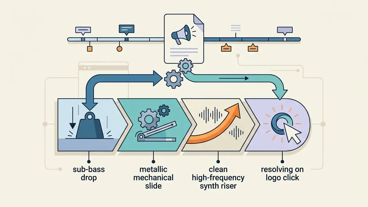 Sequence of four icons representing audio effects for video production linked to a central document