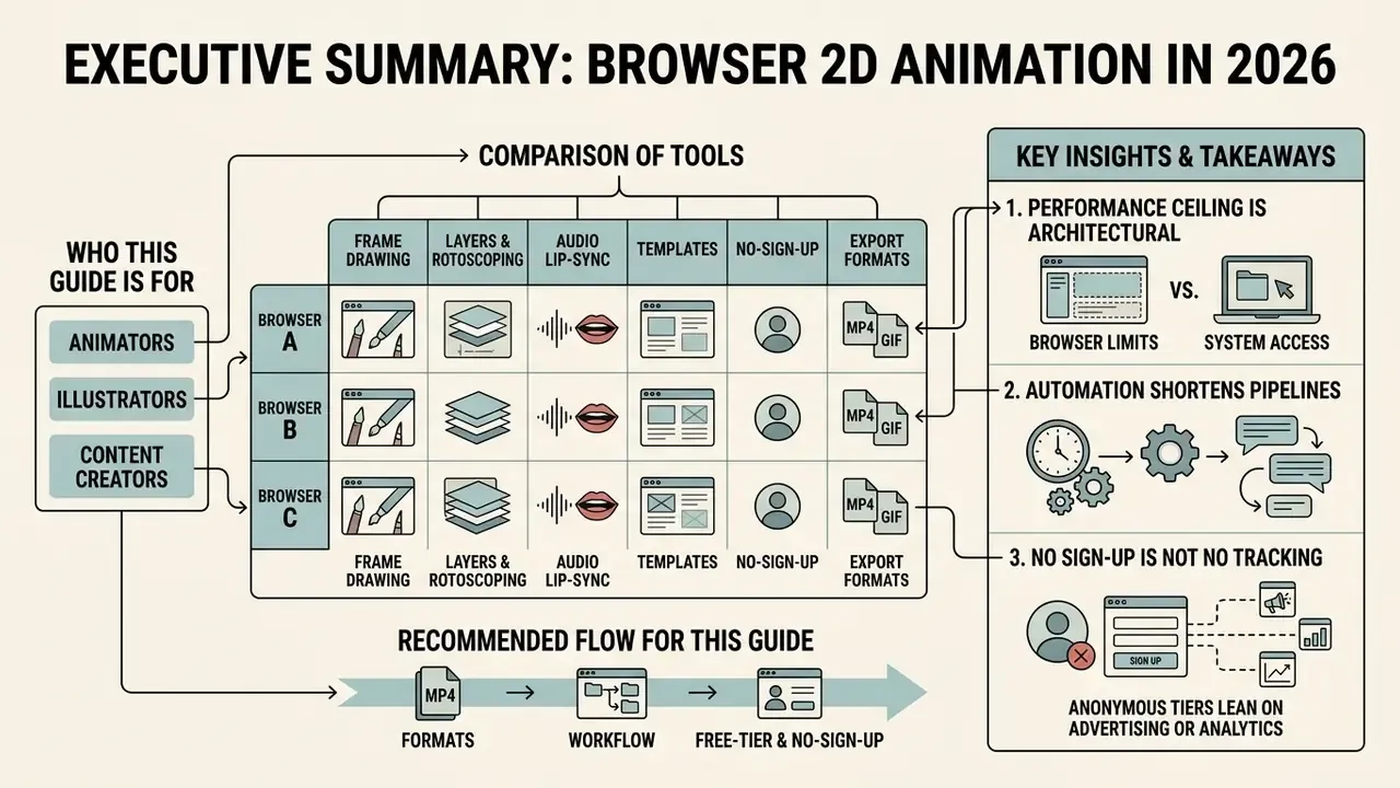 Infographic comparing browser animation tools, features, and key industry insights for creators