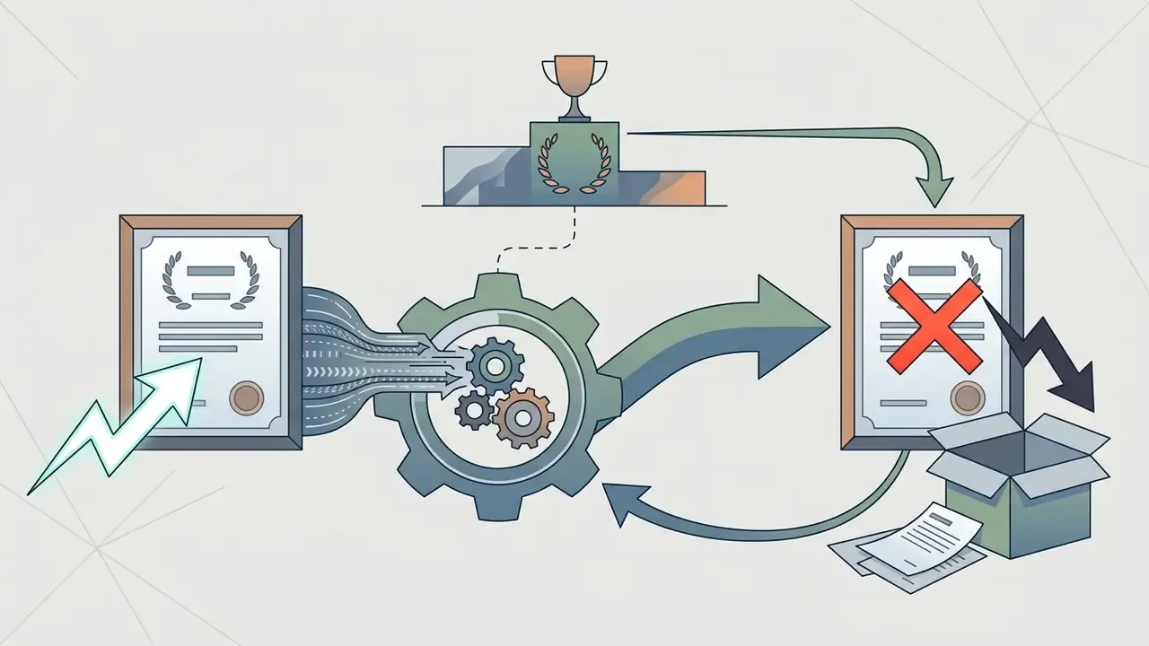 Awarded certificate feeding into a mechanical gear process that results in a rejected and discarded document