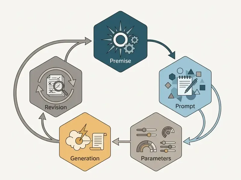 Circular process diagram showing the iterative steps of premise, prompt, parameters, generation, and revision