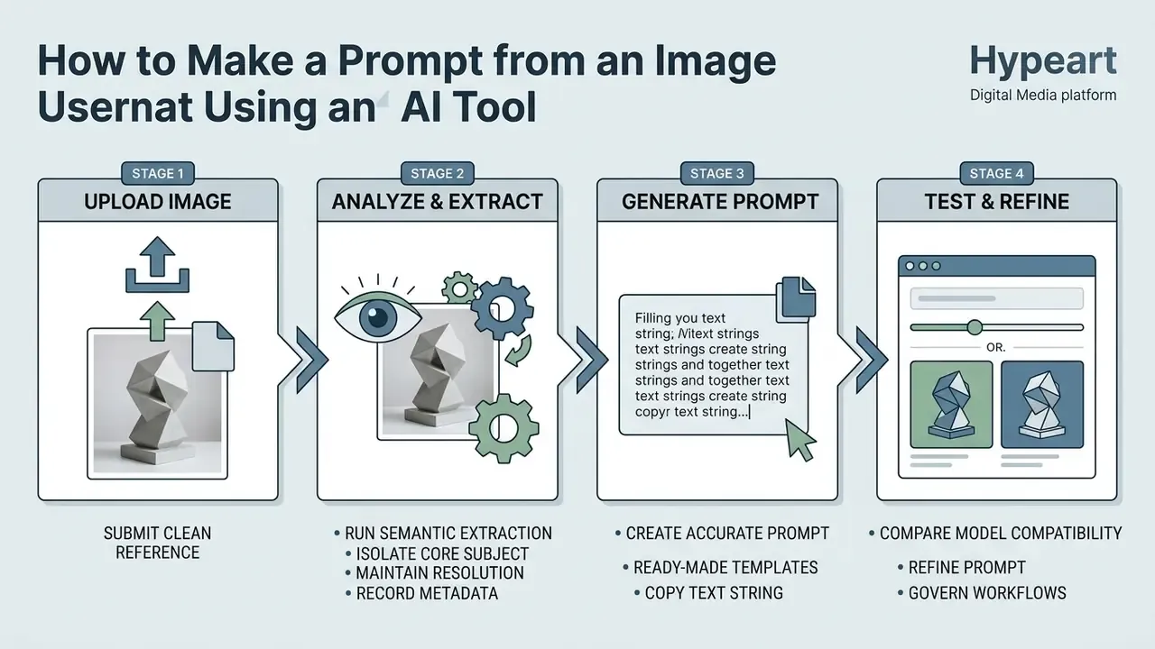 Four stage process infographic showing steps to create an image to prompt AI from a visual reference