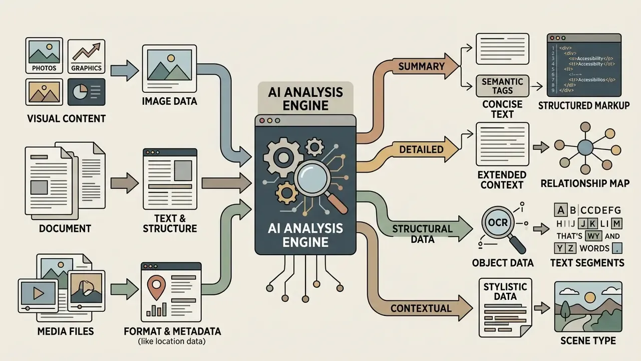Visual inputs feeding into an AI engine to generate structured data, text summaries, and scene analysis