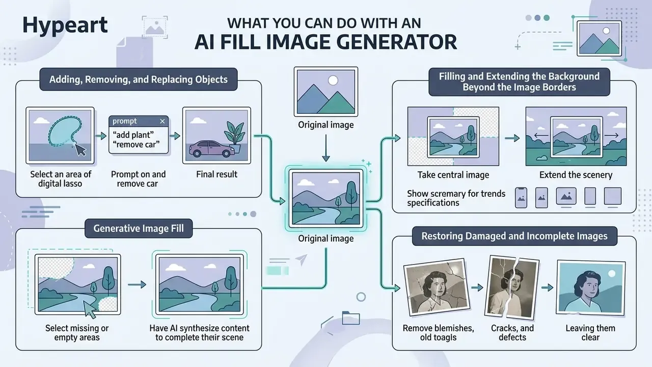 Infographic showing how generative tools modify, extend, and restore digital photos