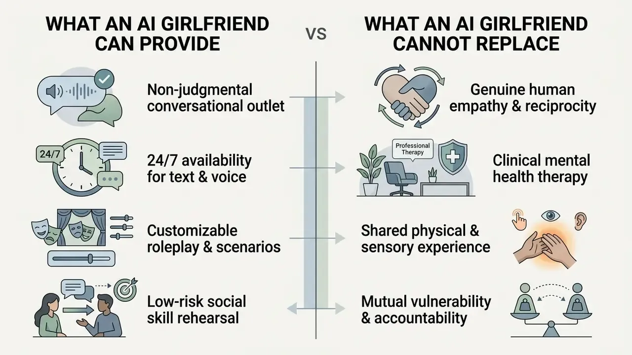 Comparison chart contrasting the benefits of an AI girlfriend with the limitations of digital companions