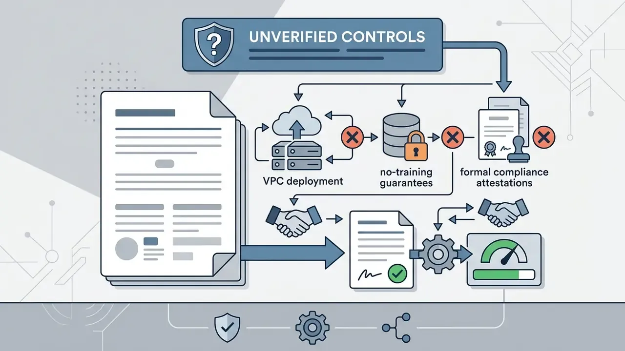 Document inputs flowing into a system of marked-out cloud, database, and compliance icons