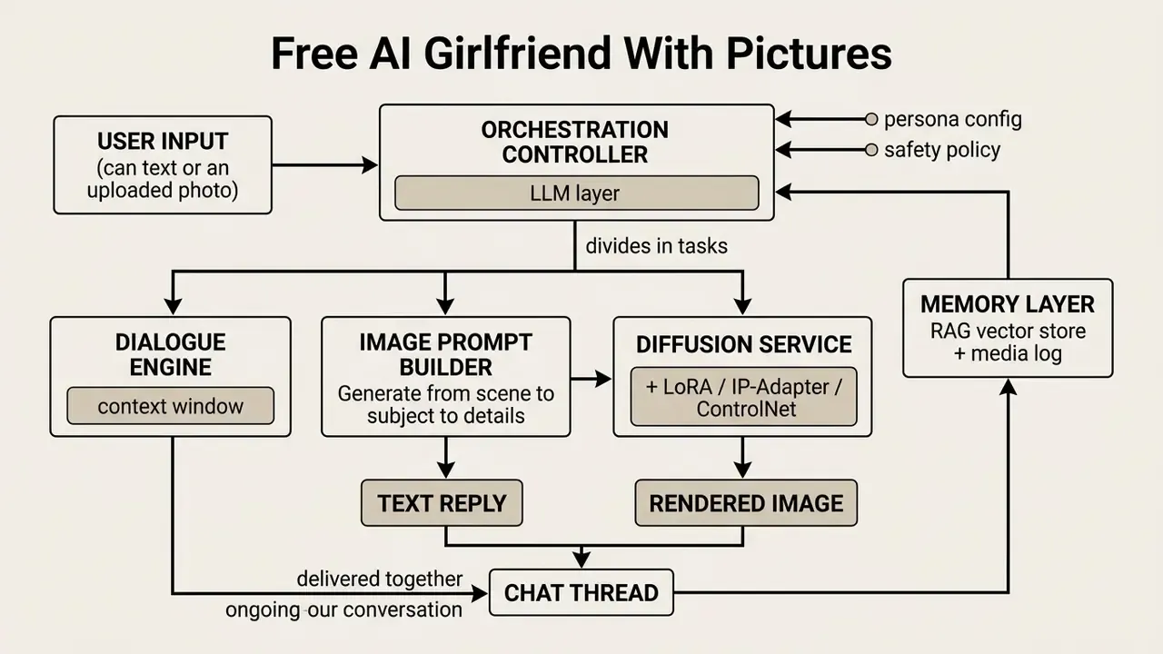 Flowchart detailing the technical architecture and data processing steps for a free AI girlfriend system