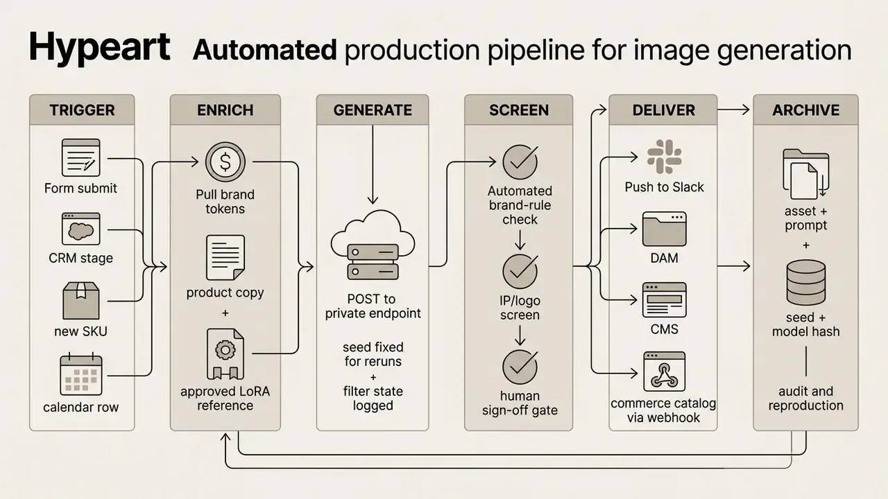Sequential workflow diagram showing the stages from trigger and enrichment to generation and archival