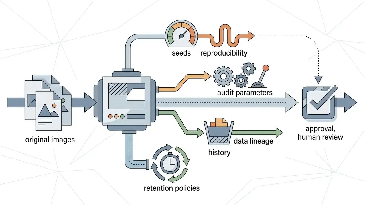 Processing pipeline showing image inputs connecting to seed, audit, history, and human review checkpoints