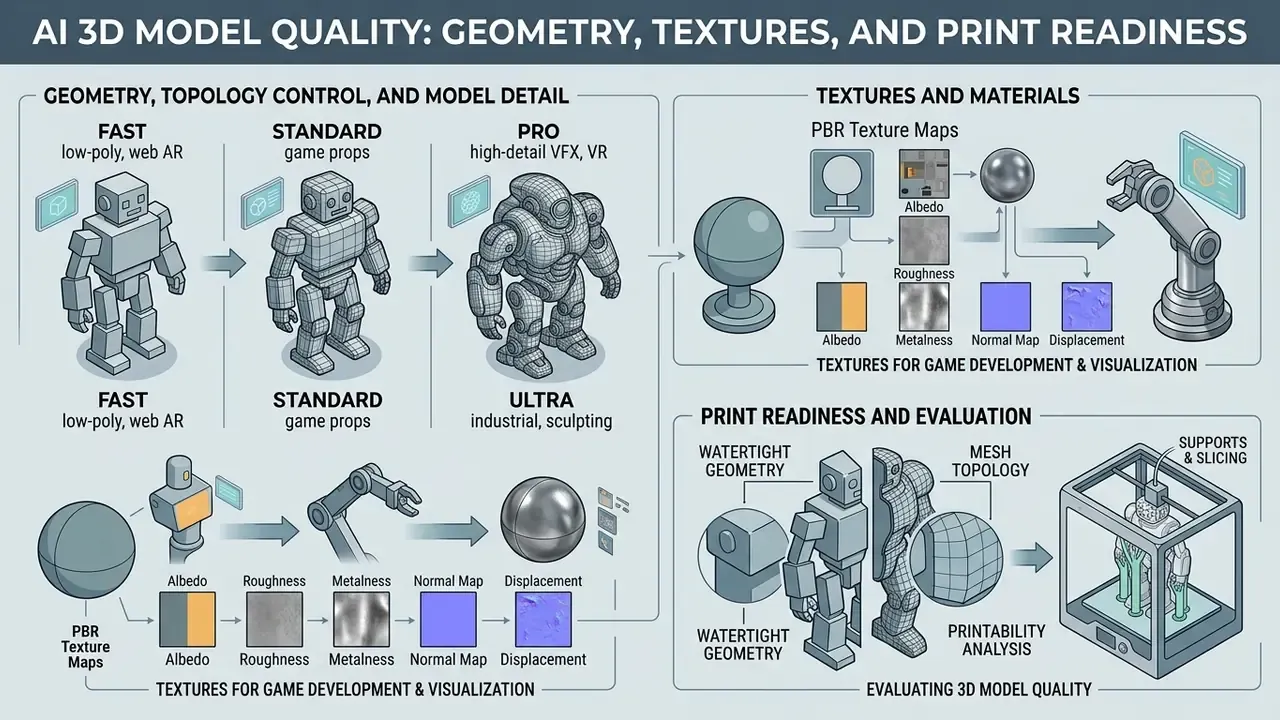 Infographic detailing levels of mesh topology, PBR texture mapping, and requirements for print readiness