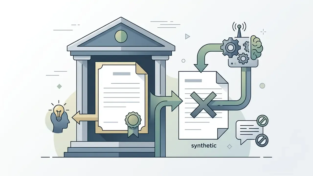 Classical building with a document and human brain icon contrasting with a rejected synthetic text file