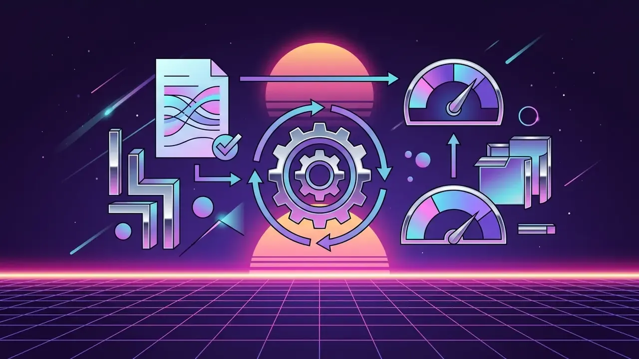 Retrowave style graphic showing a central gear icon connecting document and gauge symbols on a neon grid