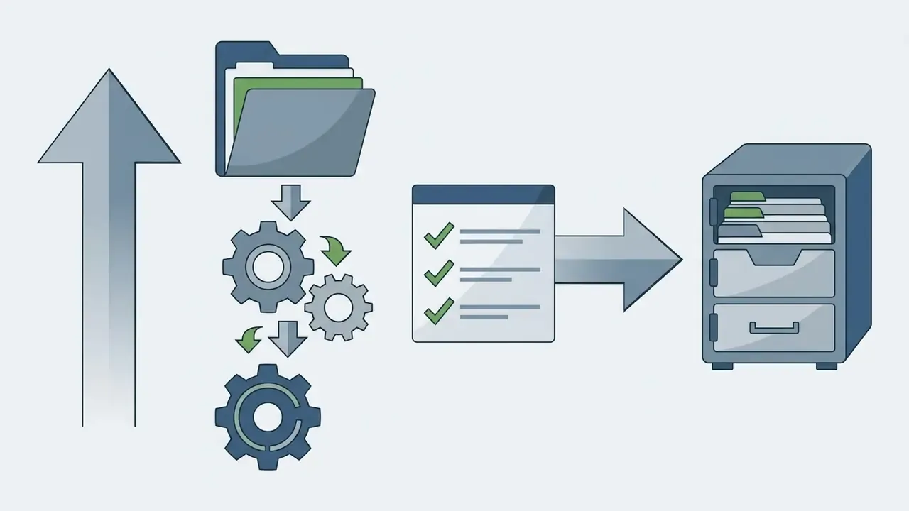 Files moving through a gear system into a checklist and being stored in a filing cabinet