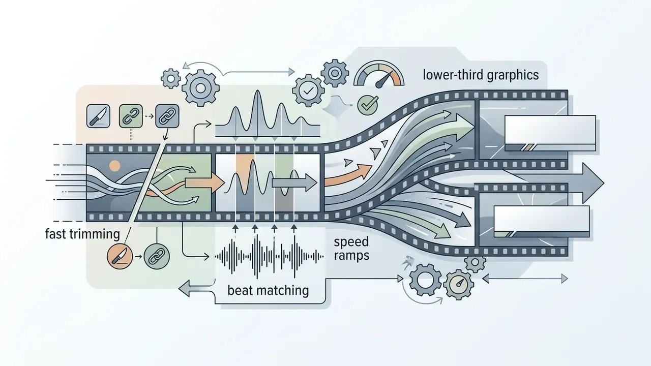 Diagram showing fast trimming, beat matching, speed ramps, and lower-third graphics on a film strip