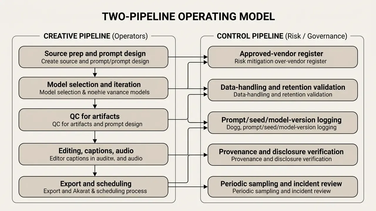 Two parallel workflows showing creative production steps linked to risk and governance control points