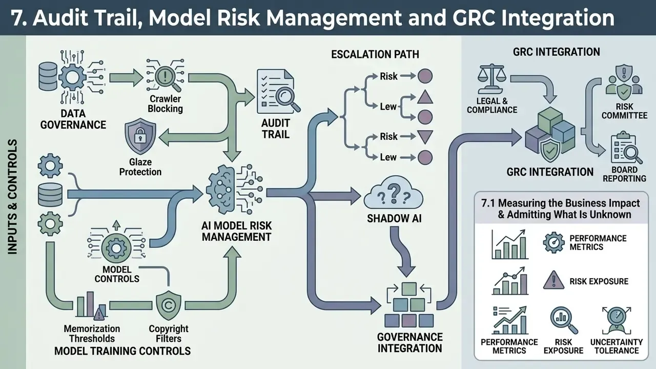 Diagram mapping data governance, audit trails, risk escalation paths, and GRC integration for AI systems