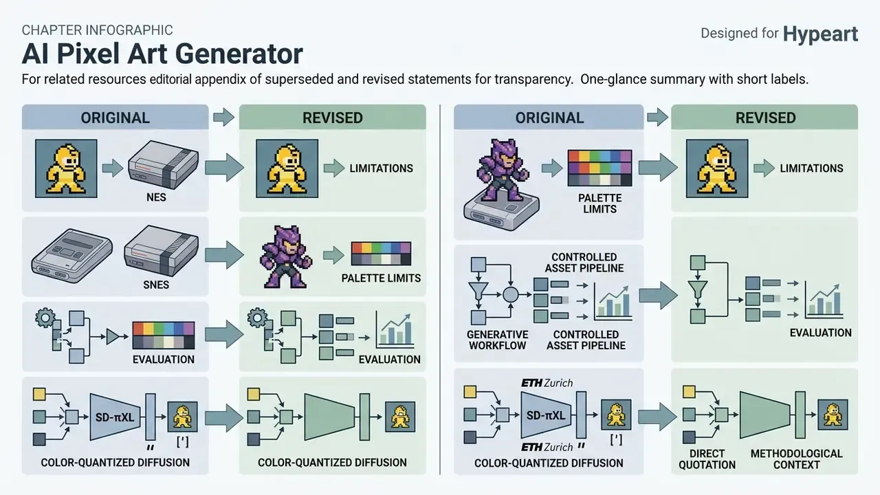 Comparison table showing original and revised technical statements regarding pixel art generation