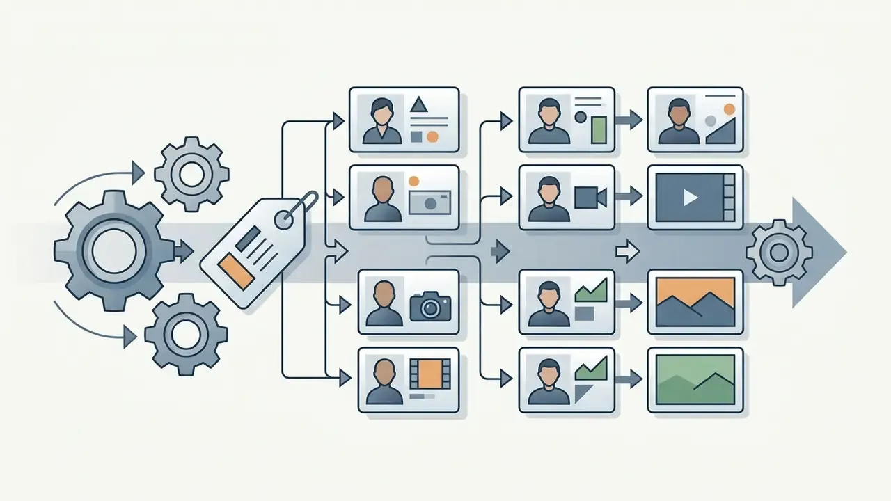 Gear mechanism tagging recurring characters to batch visual assets into a series of final video outputs
