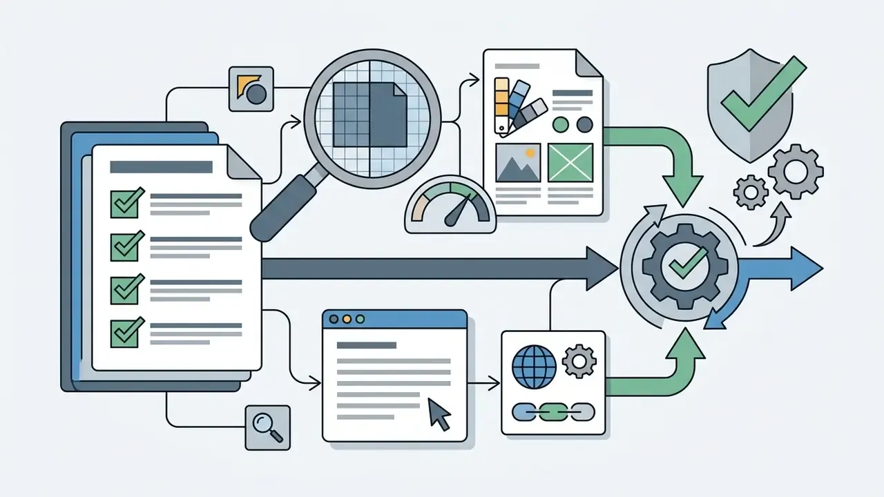 Checklist documents passing through a magnifying glass and digital tools into a gear and shield mechanism
