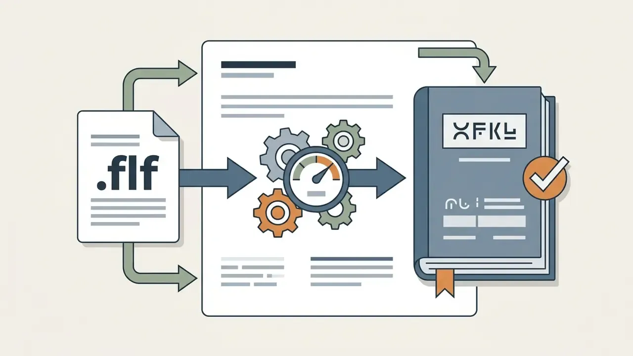 Flf file being processed through a gear mechanism into a book with a checkmark