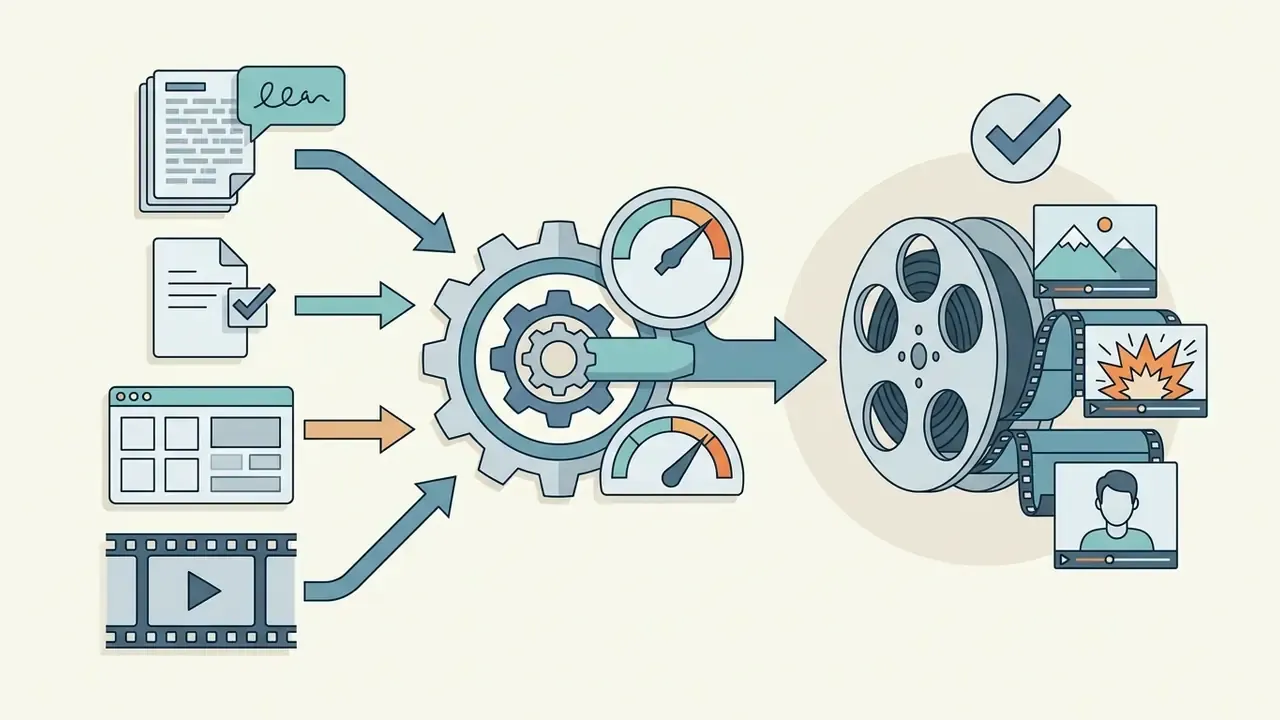 Various media inputs flowing into a central gear mechanism that outputs finished film reel segments