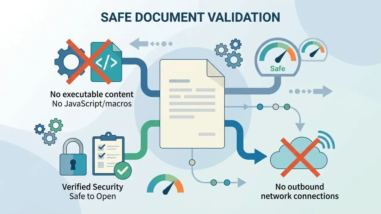 Central document icon showing validation checks for safe file opening without network connections