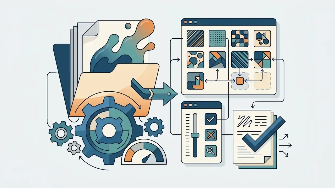 Folder with abstract shapes and gears connecting to a style selection menu and a final document