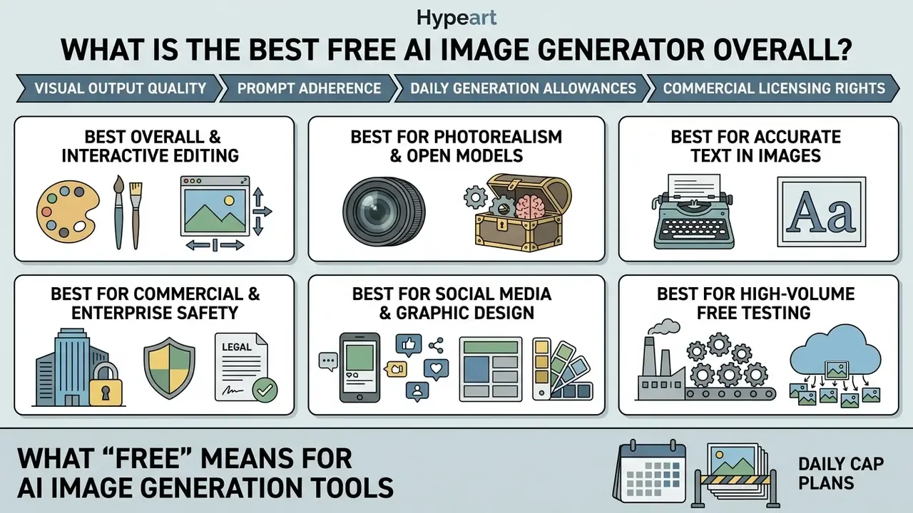 Infographic comparing AI image generators across categories like photorealism, text accuracy, and safety