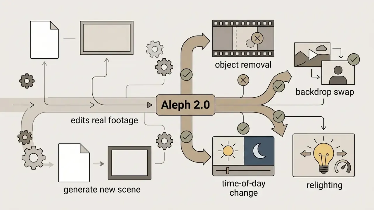 System architecture showing real footage editing workflows like object removal and relighting via Aleph 2.0