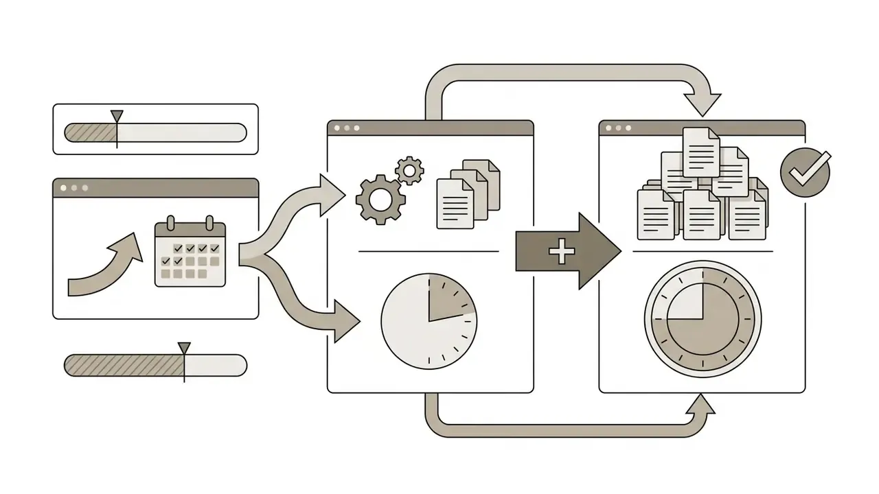 Calendar window feeding into processing modules with gears and clocks to output stacks of documents