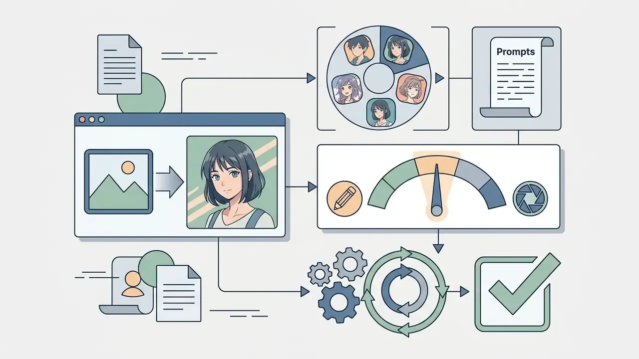Style selection wheel and strength gauge connected to document icons and a gear processing mechanism
