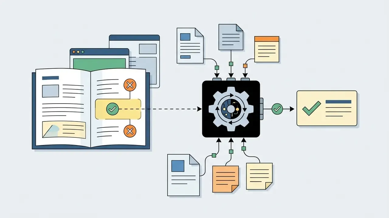Book pages and documents feeding into a central gear mechanism to produce a single study card