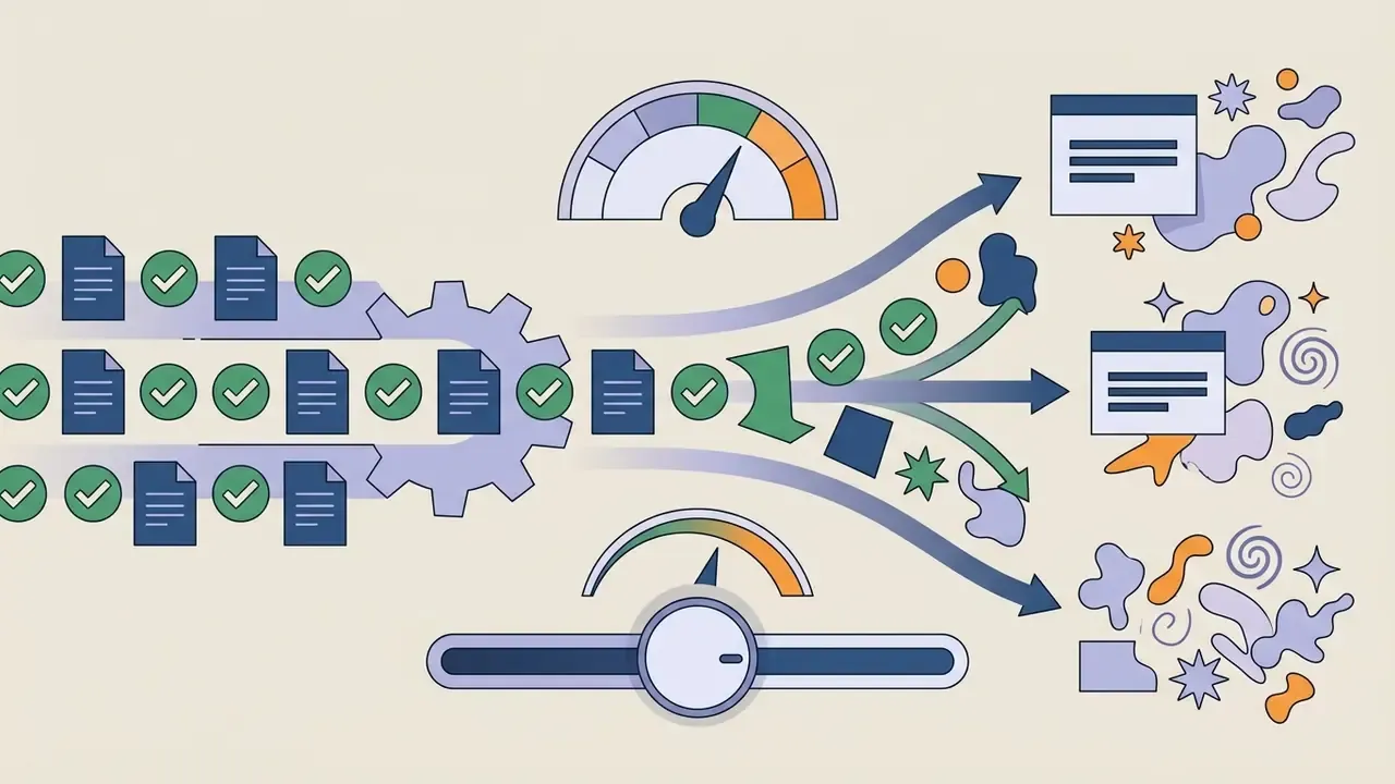 Gauges and sliders controlling how prompts are processed into structured or random visual outputs