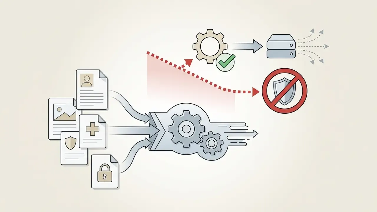 Sensitive documents feeding into a gear processor that routes data to storage or blocks security access