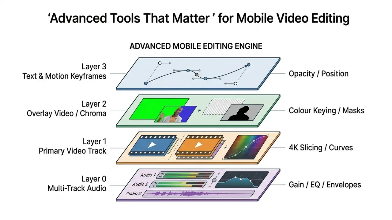 Layered diagram showing video editing components from audio tracks to motion keyframes