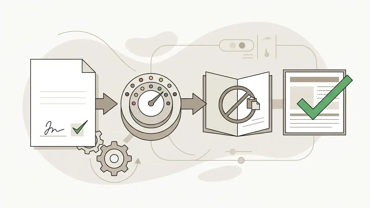 Signed paper passing through a gauge and restricted book icon to reach a final approved report