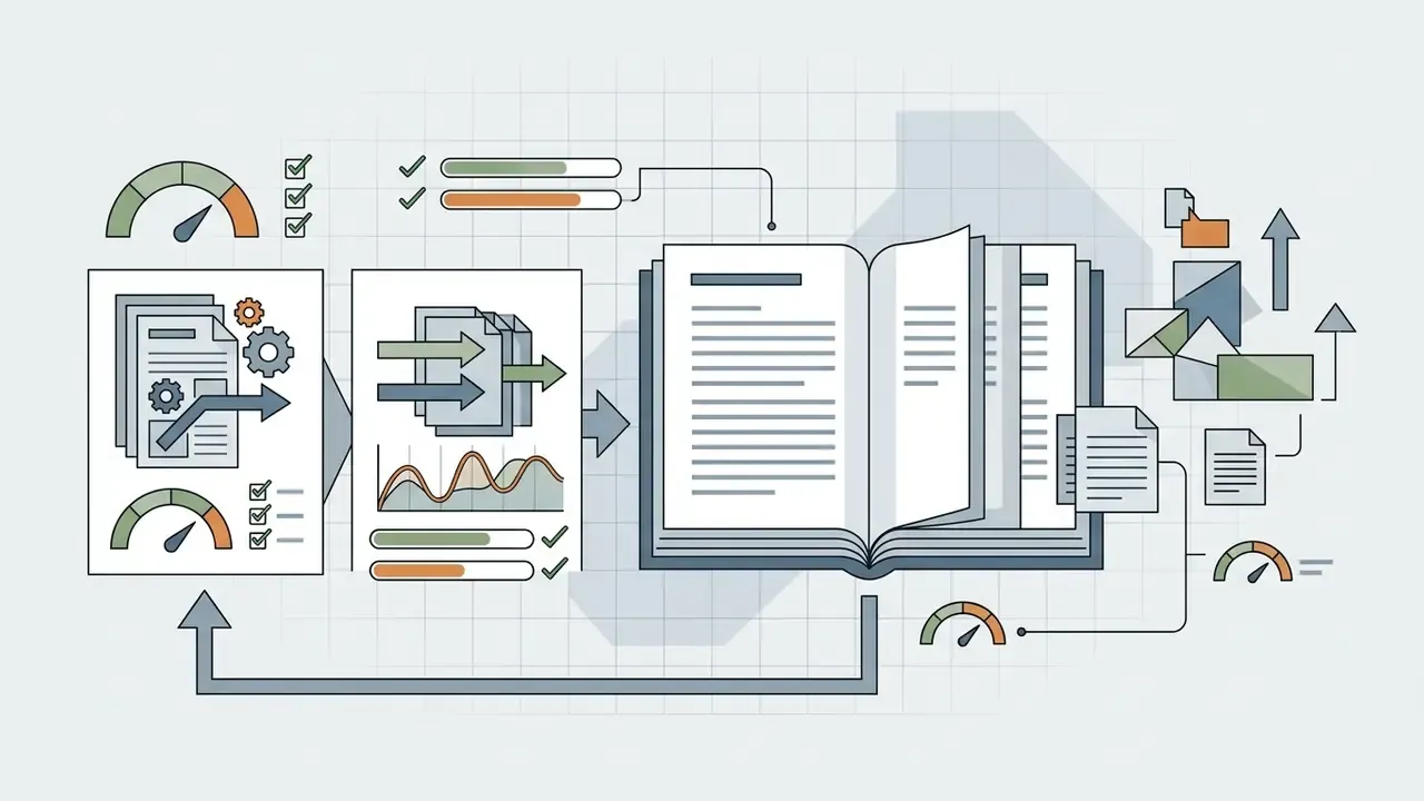 Documents and data charts flowing into an open book with gauges and output icons tracking performance
