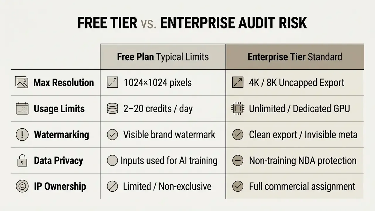 Comparison chart detailing differences in resolution, usage, privacy, and ownership between free and enterprise plans